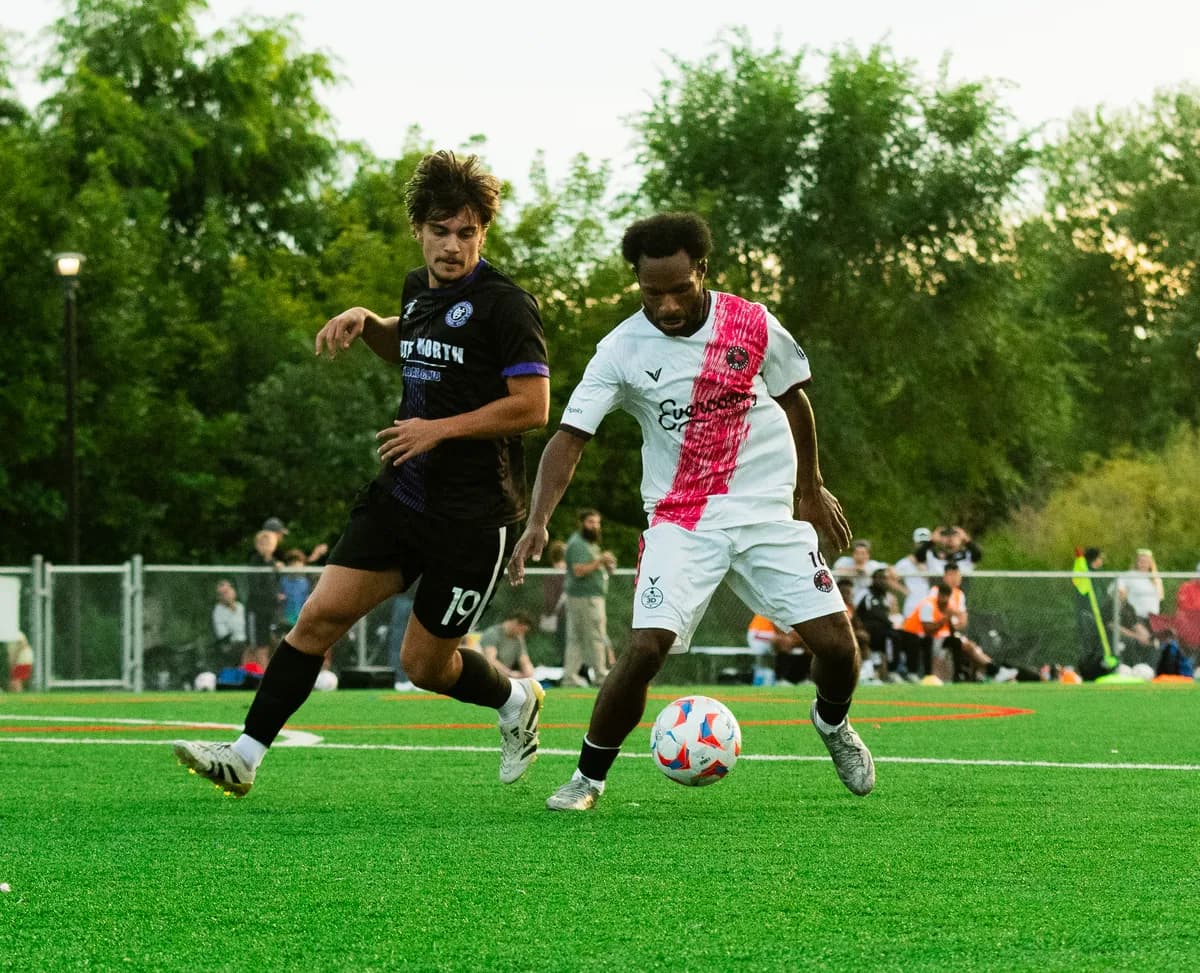 Close-quarters play during a Wheaton Wanderers FC home game